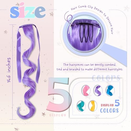 Rainbow Curly Hair Extensions with Ribbon for Halloween, 10 PCS - Image 6