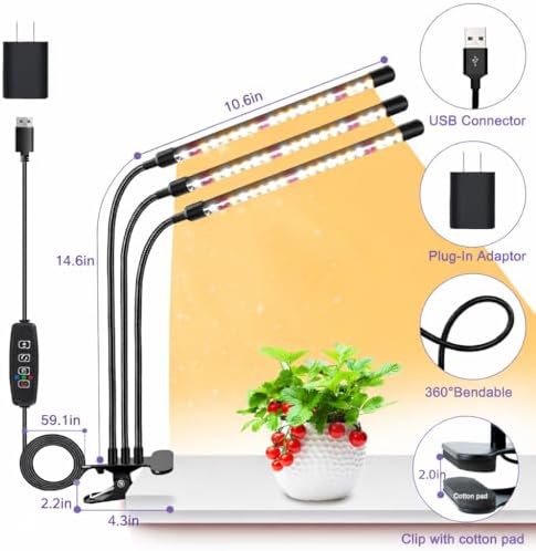 Grow Lights for Indoor Plants, Full Spectrum Tri-Head Clip Plant Lights - Image 4