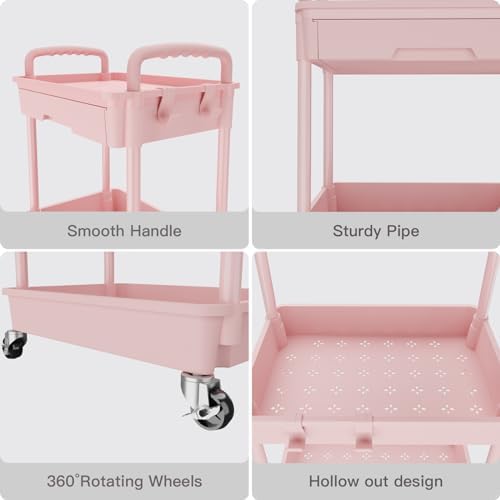 REBECAT 3 Tier Rolling Utility Cart with Drawer,Storage Cart,Rolling Cart for Kitchen,Bathroom,Living Room,Storage Organizer with Iron Wheels（Pink - Image 4