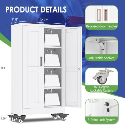 45.6" Metal Garage Storage Cabinet with Wheels and Locking Doors and Tall Rolling Steel Tool Cabinet with 3 Adjustable Shelves for Garage,Home,Office,Shop (White, 45.6''H x 23.7''W x11.8''D) - Image 3