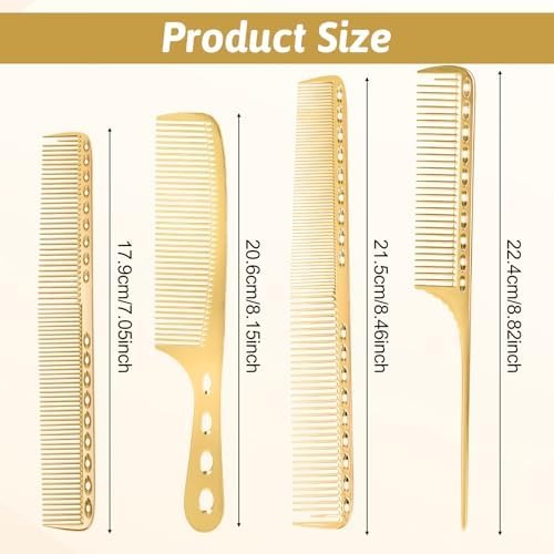 4 Pcs Comb Space Aluminum Hair Styling Comb Professional Set Stainless Steel Anti-static Flat Iron Fine Tooth Combs Metal Parting Combs for Women Men Supplies Beauty Tool(Golden) - Image 2