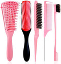 5 Pcs Detangling Brush Set - Cushion Nylon Bristles, Dual Edge, Teasing, and Styling Comb (Pink) by WEXNECOWKZ