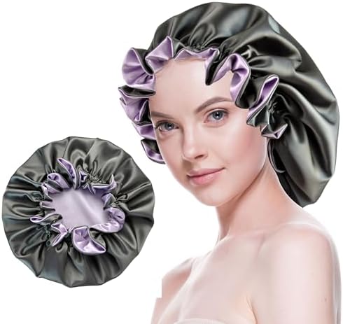 Silk Bonnet for Sleeping Satin Bonnets Double Layer Reversible Hair Cap Bonnet for Women Long Curly Braid Hair (Dark Grey) by BeutyMe
