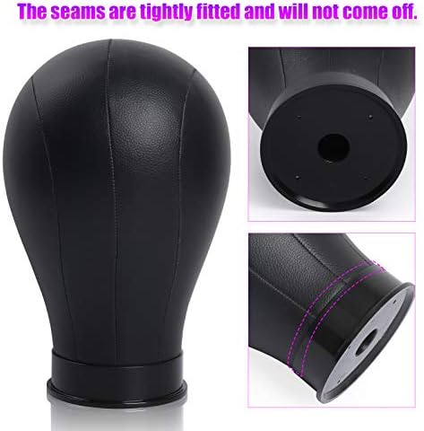22 Inch Black Leather Wig Canvas Block Mannequin Head with Stand - Image 5