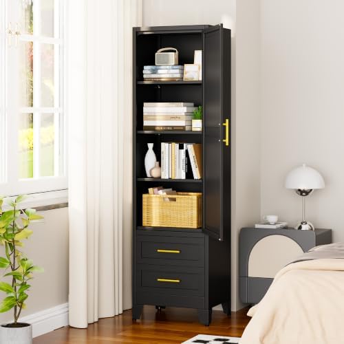 67" Tall Narrow Metal Storage Cabinet, Freestanding Pantry Organizer, Black - Image 5