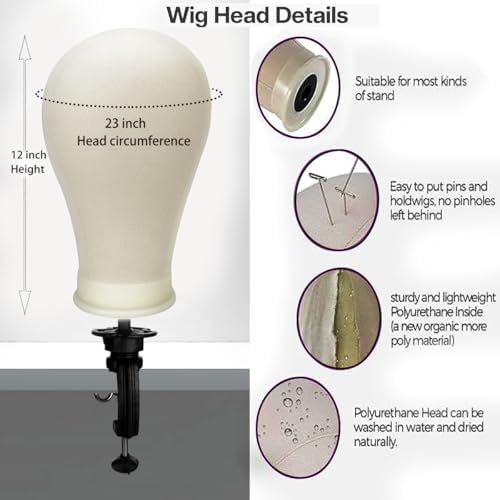 Wig Stand Tripod with Heads, Canvas Block Head Mannequin Head Stand Wigs Display Styling Head With Mount Hole for Wigs Making Display with Wig Caps, T Pins C Pins Set Bristle Brush - Image 2