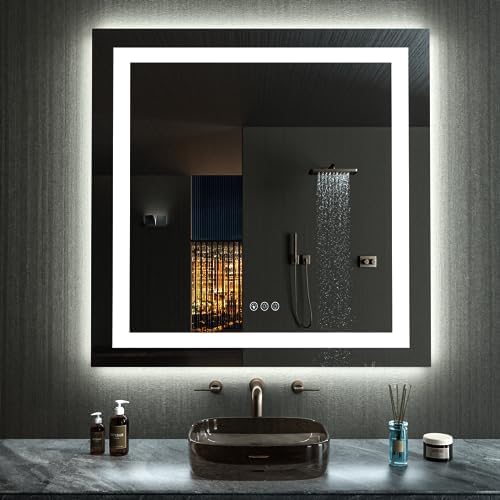 LOAAO 38"X38" LED Bathroom Mirror with Lights, Anti-Fog, Dimmable, RGB Backlit + Front Lighted, Bathroom Vanity Mirror for Wall, Memory Function, Waterproof, Tempered Glass by LOAAO