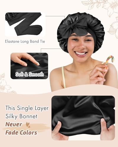 BONNET QUEEN Small Double Layer Silk Bonnet for Sleeping for Women Satin Lined Bonnet Night Cap for Short Thin Hair with Tie Band, Black - Image 5