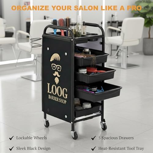 Salon Hairdressing Trolley with 5 Slide-Out Drawers | Professional Rolling Beauty Cart with Lockable Wheels, Durable Plastic Build, Heat-Resistant Top, Tool Holders | Black Salon Organizer - Image 2