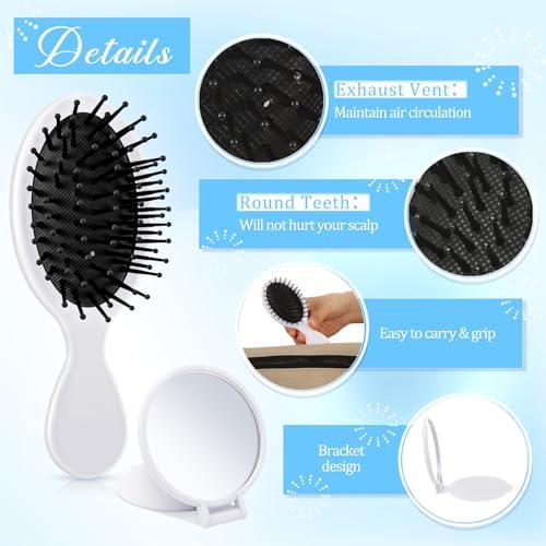 Meanplan 12 Pcs Mini Hair Brush Set Travel Wet Dry Hair Combs Pocket Detangling Compact Folding Makeup Mirrors for Spa Sleepover Birthday Bridal Shower Bachelorette Christmas Party Gift(White) - Image 3