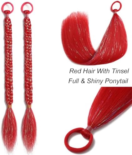Red Ponytail Extensions, Synthetic Hair Extension for Women Tinsel Extensions Braids for Festival Party Costume Daily Use Ponytail Hair Accessories Christmas Halloween Crazy Days Hair Pieces 2pcs/lot - Image 3
