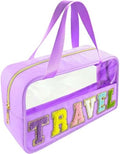 Bunliuys Chenille Letter Clear Makeup Bag Travel Patch, Travel Toiletry Makeup Bag with Handle, Nylon Waterproof Makeup Bags clear cosmetic bag, preppy patch makeup bag for Women (TRAVEL-Violet) by Bunliuys