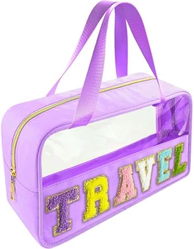 Bunliuys Chenille Letter Clear Makeup Bag Travel Patch, Travel Toiletry Makeup Bag with Handle, Nylon Waterproof Makeup Bags clear cosmetic bag, preppy patch makeup bag for Women (TRAVEL-Violet) by Bunliuys