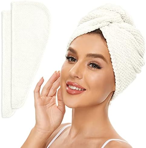 SimpleField 2 Pack Microfiber Hair Towel Wrap for Women, Anti Frizz Quick Drying Hair Turban for All Hair Style, Absorbent and Lightweight (Ivory) by SimpleField