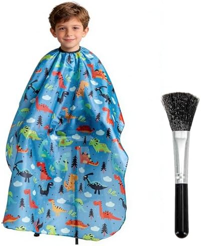 Gealaek Kids Haircut Cape and Neck Duster Brush Set with Dinosaur Pattern Kids Barber Cape 55x40 Inches for Boys & Girls Salon Cape Kit (Blue) by Gealaek