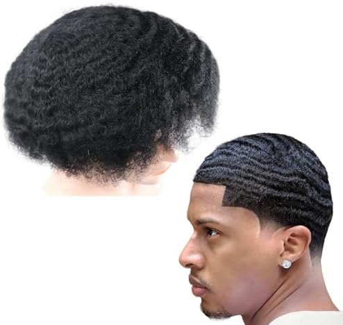 Man Hair Unit Afro Toupee for Black Men Kinky Curly Human Hair Wigs 10MM Mens Wave Units Full Lace Black Mens Hairpiece 8x10inch Lace Replacement Systems (1# Jet Black) by lumeng