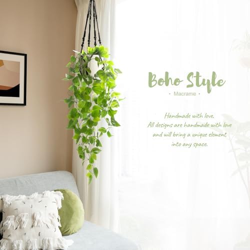 Mkono Fake Hanging Plant, Macrame Hanger with Pothos Vines & Pot, Black - Image 3