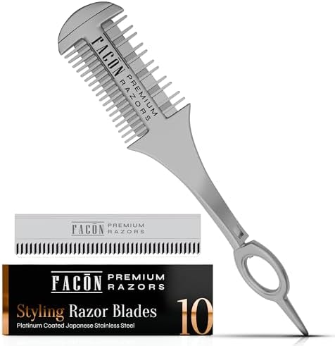 Facón Razor Comb for Hair Cutting - Professional Hair Cutting Comb Kit with 12 Replacement Blades, Double Edge Shaper for Salon & Home, Premium Styling Thinning Texturizing Split Ends Trimming Razor by Fac%C3%B3n