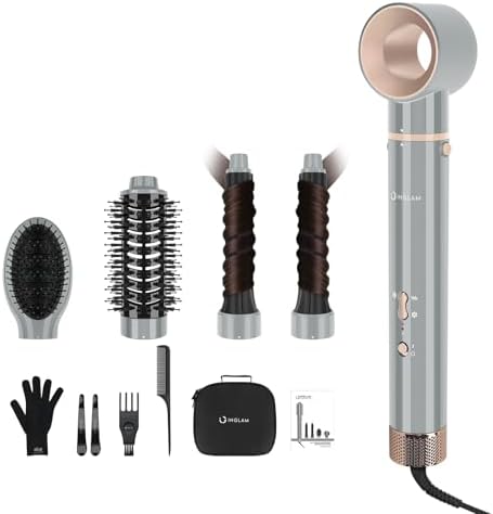 5 in 1 Blow Dryer Brush IG INGLAM MegaAir Hair Styler Brushless Hair Dryer Brush Left/Right Air Auto-Wrap Curler Hot Air Brush Negative Ions No Heat Damage Frizz-Free Drying Curling Straightening,Gary by INGLAM