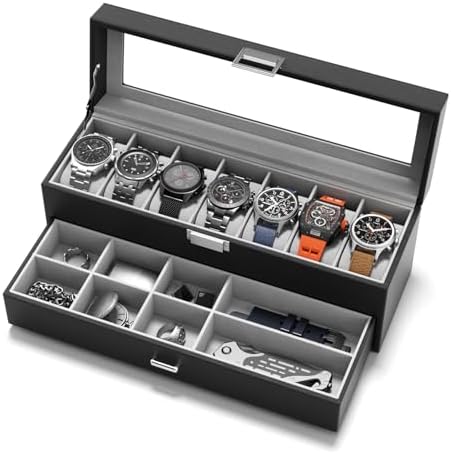 Watch Case Box for Men - 7 SLots Watches Storage Organizer Real-Glass Display Case with Jewelry Drawer 2-Layer PU Leather Collection Holder Gift for Loved Ones Black by Sensok