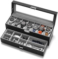 Watch Case Box for Men - 7 SLots Watches Storage Organizer Real-Glass Display Case with Jewelry Drawer 2-Layer PU Leather Collection Holder Gift for Loved Ones Black by Sensok