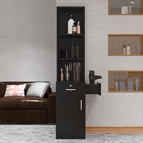 Paddie Hair Salon Stations, Lockable Barber Stations Wall Mount Salon Equipment for Hair Stylist with 1 Lockable Drawer, 3 Holders & 1 Storage Cabinet (with Holders, Black) - Image 2