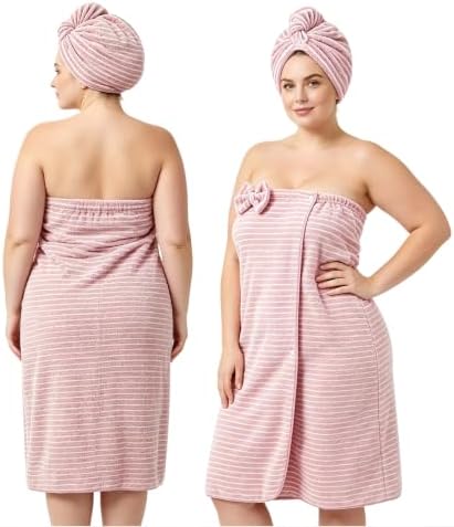 Oversized Bath Towel Wrap for Women Plus Size with Hair Dry Towel Set Microfiber Soft Absorbent Body Wrap with Button Design for Shower, Spa, Beach, Latte Stripe (X Large) by Unknown