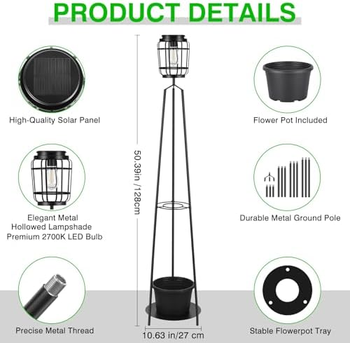 TOWPONICS 52.4" Solar Floor Lamp with Plant Stand, 2-in-1 Outdoor Planter - Image 2