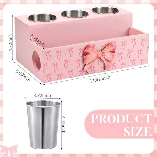 Pink Bow Hair Tool Organizer Countertop Wooden Blow Dryer Holder - Image 2