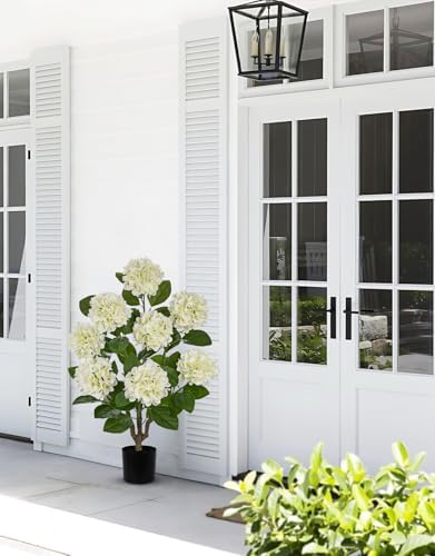 3FT White Hydrangea Artificial Flowers Tree Large Real Touch Faux Silk Hydrangea Plants Potted Fake Flower in Black Pot for Home Indoor Outdoor Front Porch Garden Entrance Living Room Decor - Image 7