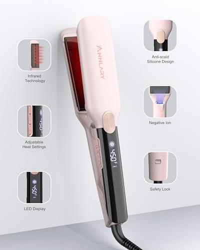 ANNLARY Hair Straightener, 1.75 Inch Flat Iron with Infrared and Ionic Technology, Titanium Plate with Ceramic Coating Dual Voltage Straightener with Heat-Resistant Silicone for All Hair Types - Image 3