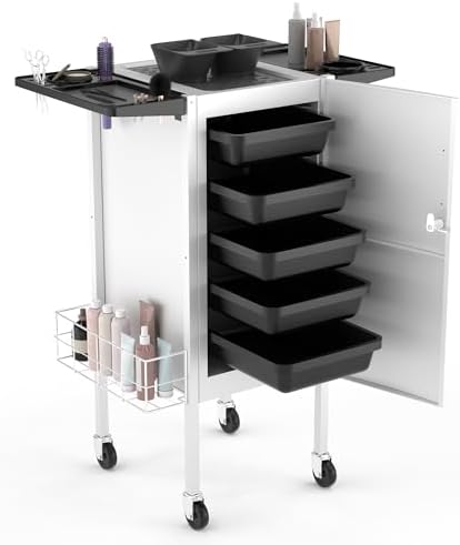 TASALON Upgraded Lockable 5-Tray Salon Cart with 2 Holders & Baskets, White by TASALON