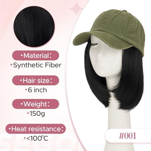 SEGO Unisex Vintage Baseball Cap with Hair Extensions for Women Synthetic Hair Attached Short Straight Hairpiece Olive Green Baseball Cap Wig Adjustable Hat Wigs for Women 6 Inch 1A Black - Image 5