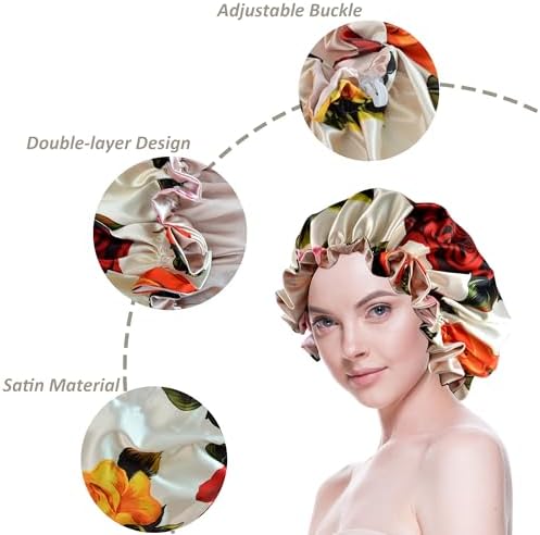 Silk Bonnet for Sleeping Satin Bonnets Double Layer Reversible Hair Cap Bonnet for Women Long Curly Braid Hair (Floral 2) - Image 3
