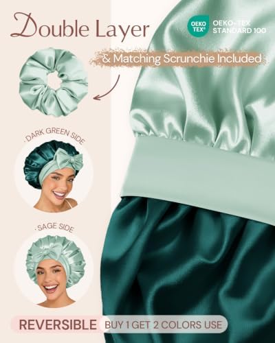 BONNET QUEEN Silk Bonnet for Sleeping Women HYALURONIC Acid Reversible Double Layer Satin Bonnet Night Sleep Cap Wrap for Curly Hair with Adjustable Tie Band & Scrunchie, Sage & Dark Green - Image 4