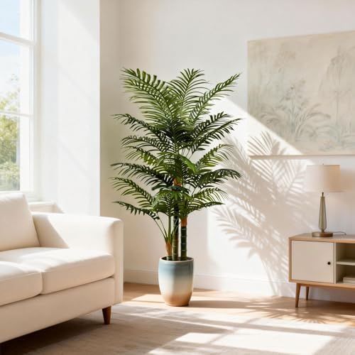 4FT Tall Golden Cane Artificial Palm Tree, Large Faux Palm Tree with 3 Textured Trunks, Outdoor Artificial Plants, Fake Tree for Indoor Office Living Room Outside Patio. - Image 2