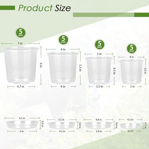 FUIJOL 4/5/6/7 Inch Clear Nursery Pots for Plants with Sacuers 20 Pack, Plastic Flower Pots with Drainage Holes, Variety Pack Seedlings Garden Pot for Indoor Outdoor (4+5+6+7 inch) - Image 2