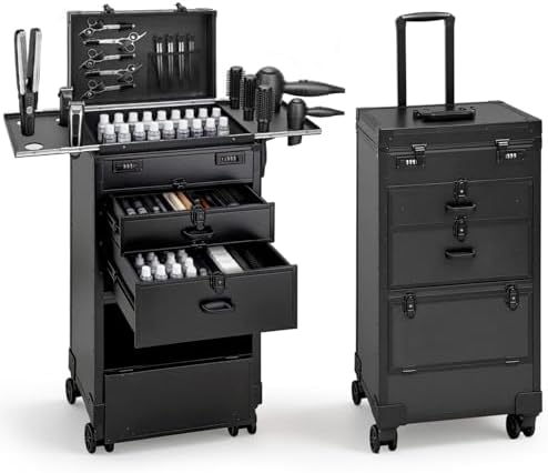 Travel Salon Cart with 4 Drawers, Hair Stylist Cart on Wheels Portable Salon Station with Aluminum Alloy Frame and Worktop Tray, Rolling Makeup Train Case Cosmetology Case by ABTSalon