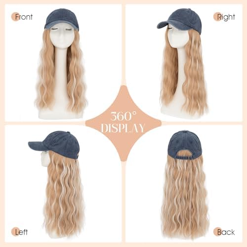 Rich Choices Hat Wigs for Women,Denim Blue Baseball Cap with Hair Extensions for Women,Caps with Wavy Curly Long Hair Attached Adjustable Baseball Cap Wig 18 Inch Highlighted Honey Blonde Hair - Image 5