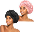 ZHENSILK 2Pcs Silk Bonnet for Sleeping, Satin Hair Bonnets, Soft Elastic Band Silk Sleep Cap, Hair Wrap for Women(Black Pink) by ZHENSILKFocusonhaircare
