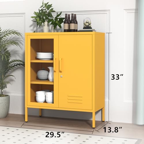 Yellow Food Storage Cabinet with Lock, 2-Door Steel Cabinet, 2 Adjustable Shelves, Metal Pantry Locker Freestanding Kitchen Storage Locker for Dining Room Living Room Size:33" H X 29.5" W X 13.8" D - Image 3