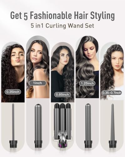 Waver Curling Iron Wand - BESTOPE PRO 5 in 1 Curling Wand Set with 3 Barrel Hair Crimper for Women, Fast Heating Crimper Wand Curler in All Hair Type, Women Gifts - Black - Image 2