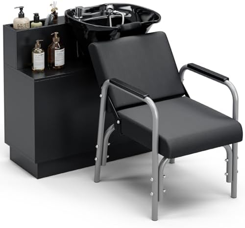 SyyBhb Black Shampoo Cabinet for Salon, Backwash Salon Storage Station with Shampoo Bowl and Reclining Chair by SyyBhb