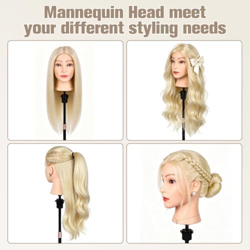 90% Human Hair Mannequin Head,26''Beige Blonde Real Hair Mannequin Head,Cosmetology Manikin Head Doll Hair Styling Hairdressing Practice Training Wig Head with Clamp Holder and Tools - Image 3