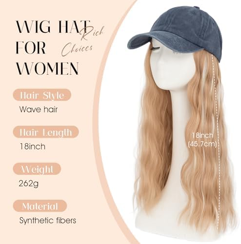 Rich Choices Hat Wigs for Women,Denim Blue Baseball Cap with Hair Extensions for Women,Caps with Wavy Curly Long Hair Attached Adjustable Baseball Cap Wig 18 Inch Highlighted Honey Blonde Hair - Image 2