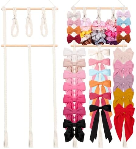 Macrame hair accessories organizer Wall Mounted,No-Drill Bow Holder by AOFLLU