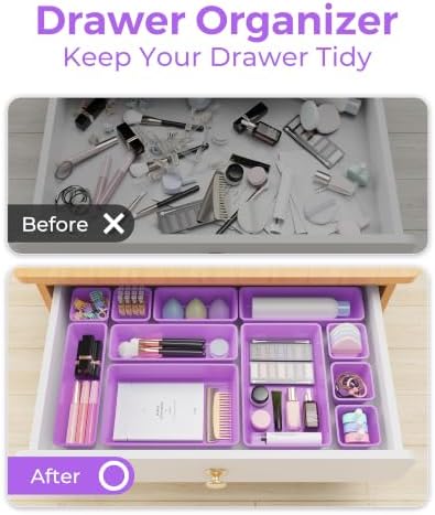BiuLeon 25 PCS Plastic Drawer Organizers Set, 4-Sizes Vanity and Makeup Organizer, Desk and bathroom Drawer Organizer Trays, Organizers and Storage for Makeup, Jewelry, Gadgets, Utensils (Purple) - Image 4