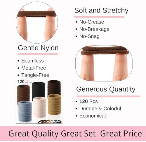 LuSeren 120 Pcs No Damage Hair Ties for Thick Hair, Large Soft Seamless Nylon Hair Elastics for Women, Ponytail Holders, Hair Accessories – Neutral Colors - Image 3