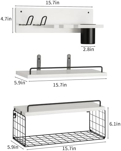 3-Tier Bathroom Floating Shelves with Hair Dryer Holder, White - Image 3