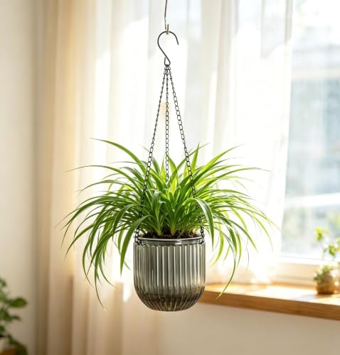 Melphoe 2 Pack Self Watering Hanging Planters Indoor Flower Pots, 5.3/8.3 Inch Outdoor Hanging Basket, Plant Hanger with 3Hooks Drainage Holes for Garden Home (Gray) - Image 2